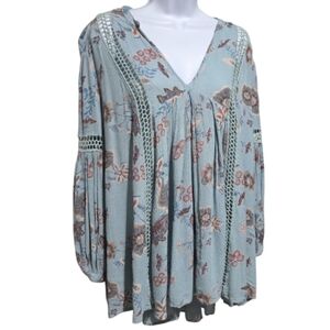 Free People Blue Multi-color  Floral Boho V-neck Tunic Dress XS